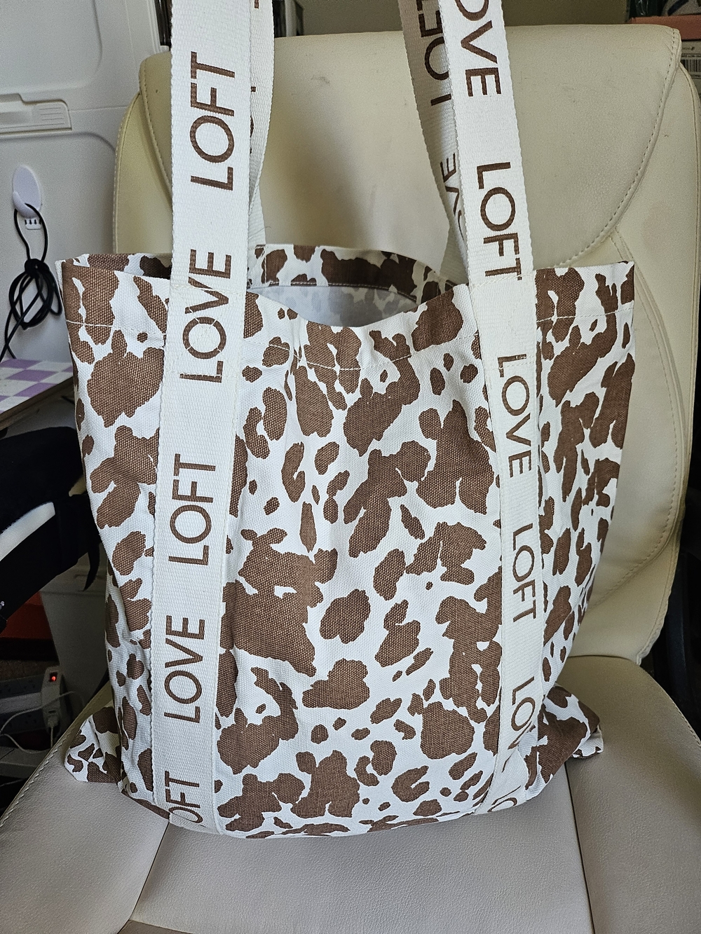 LOFT Brown and White Cow Print Canvas Tote with Branded Straps